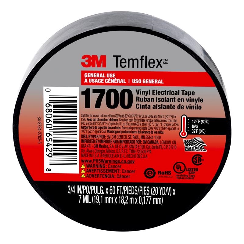 3M Temflex 1700 Vinyl Electrical Tape, 3/4 inch x 18 m, 0-80 Deg. Cel. General Use, Black 1700-1PK- BB40