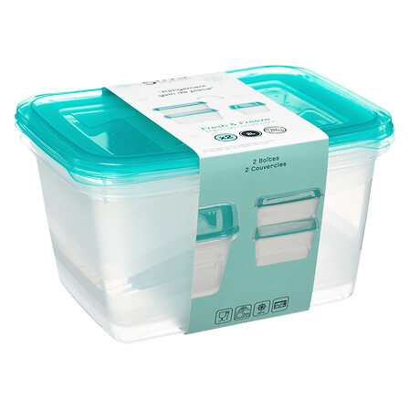 5Five Simply Smart 2-Pcs Fresh & Freeze Food Container Set, 2 Ltrs, Polypropylene, Clear, Blue Lids 128995