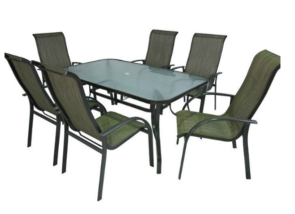 7 Pcs Outdoor Dining Set, 6 Textoline Chairs and 1 Glass Table-Top Table, Brown BLT-8864