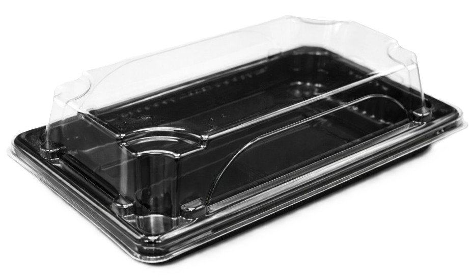 Small sushi box 16 x 9 cm, with a black base and a 2.5 cm high transparent lid, also suitable for desserts, set of 10 pieces | 217-S10