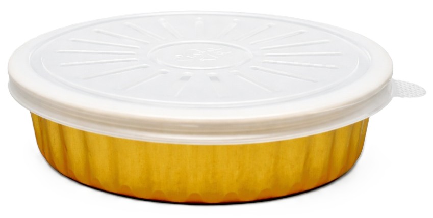 طاسة المنيوم دائرية حجم وسط 13 × 3.5 سم للاطعمة الساخنة، لونين فضي وذهبي مع غطاء بلاستيك محكم، كرتون 1000 قطعة | M034