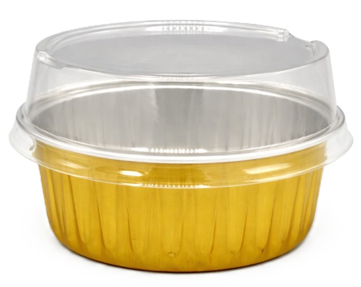 Small round aluminum bowl, 8 x 3.5 cm, for hot foods, available in silver and gold, with a high, transparent plastic lid, carton of 2000 pieces | 1131