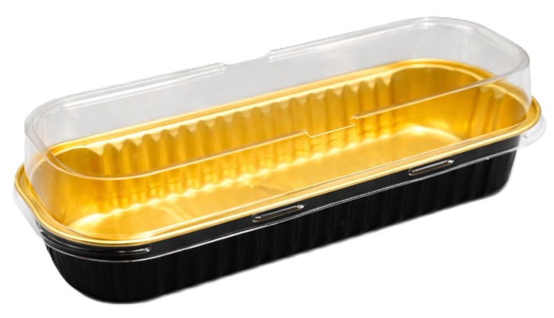 Rectangular aluminum tray, 16 x 6 cm, for hot foods, two colors (black and gold) with a raised, transparent plastic lid, set of 10 pieces | 1130-S10