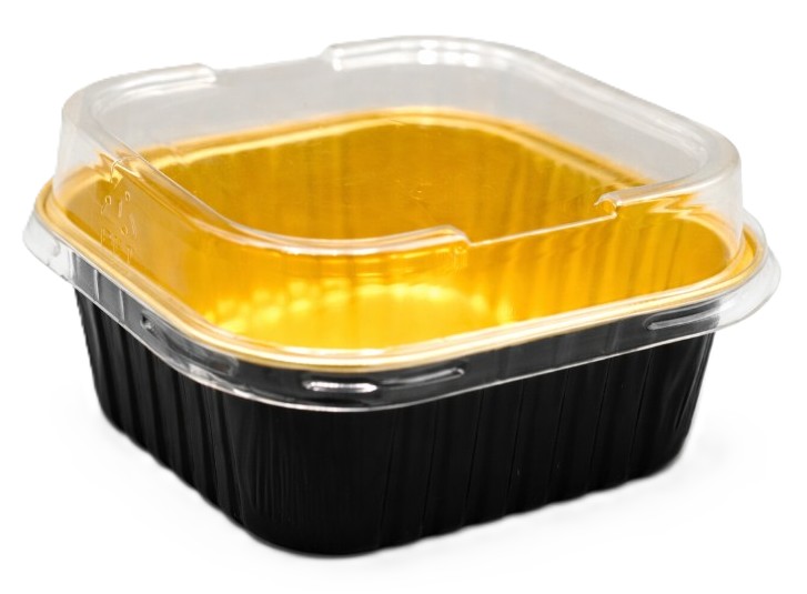 Square aluminum canister, 9 x 3.5 cm, for hot foods, available in black and gold with a high, transparent plastic lid, carton of 1000 pieces | 012