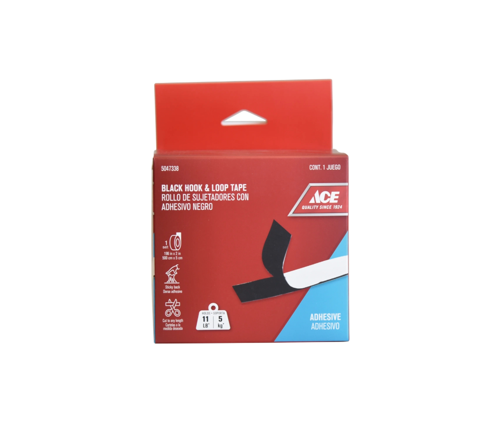 Ace Hook & Loop Tape, 5 cm x 5 Mtrs, 10 cm Capacity 2 KG, Black MAS-LP-09