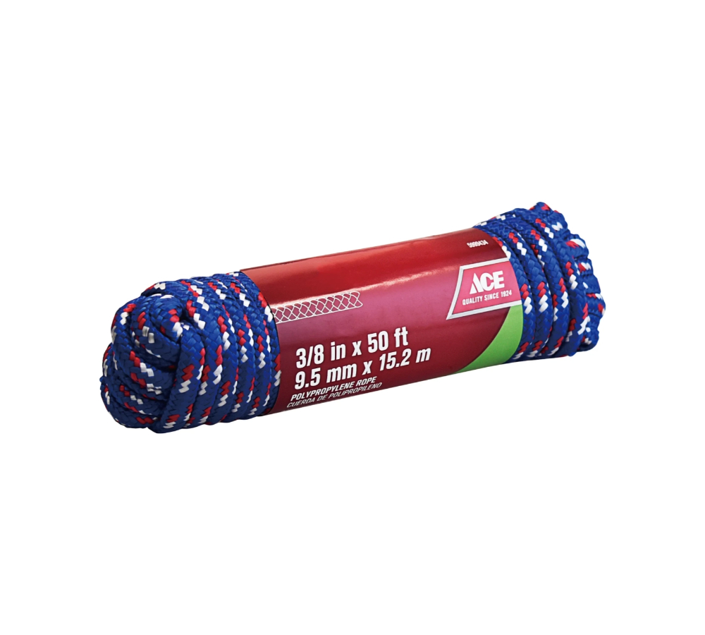 Ace Polypropylene Rope, 9.5 mm x 15.2 Mtrs, Diamond Braid, Working Load 54.43 kg. Assorted Colors 192375
