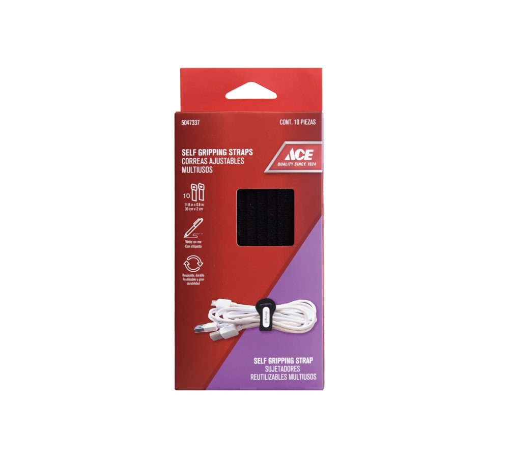 Ace Self Gripping Straps with Tags, 2 x 30 cm, Pack of 10, Black MAS-LP-23