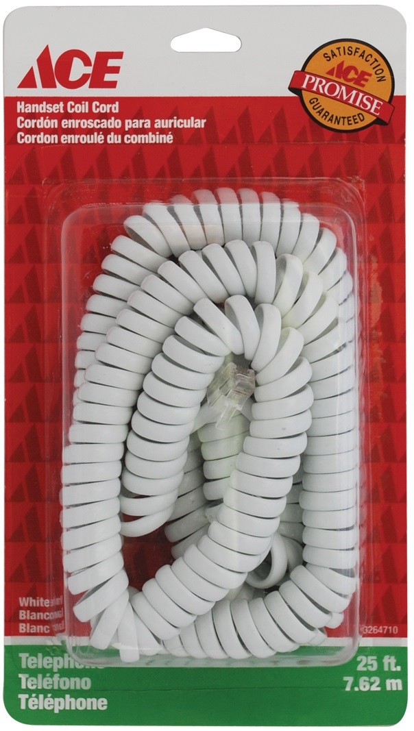 Ace Telephone Handset Coil Cord, 7.62 m, White 3264710