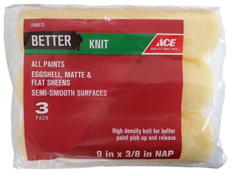 Ace Better Knit Paint Rollers, 9 inch x 3/8 inch Nap, Pack of 3, All Paints, Semi-Smooth Surfaces ACE RS1433 0900