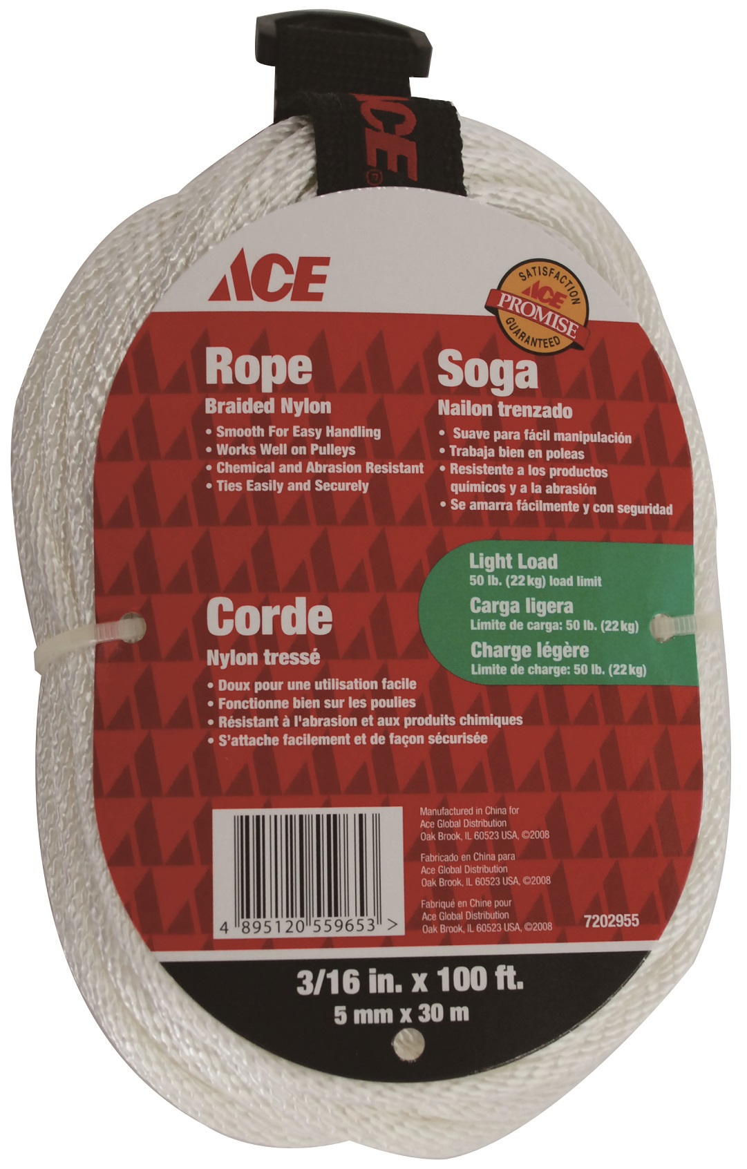 Ace Nylon Rope, Solid Braided, 5mm x 30 Mtrs, Light Load, White rope101