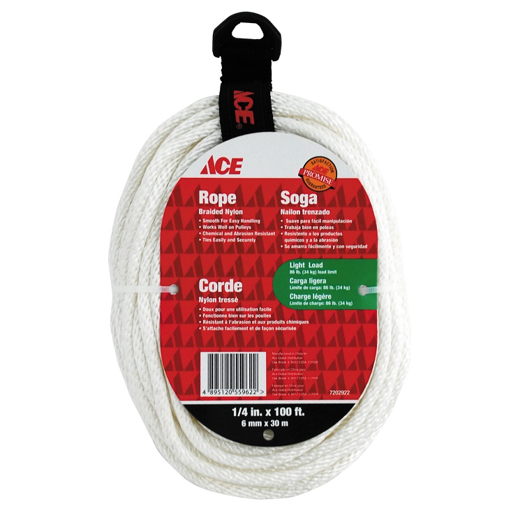 ايس حبل نايلون مضفور صلب، 6 مم × 30 م، حمولة خفيفة، ابيض rope038