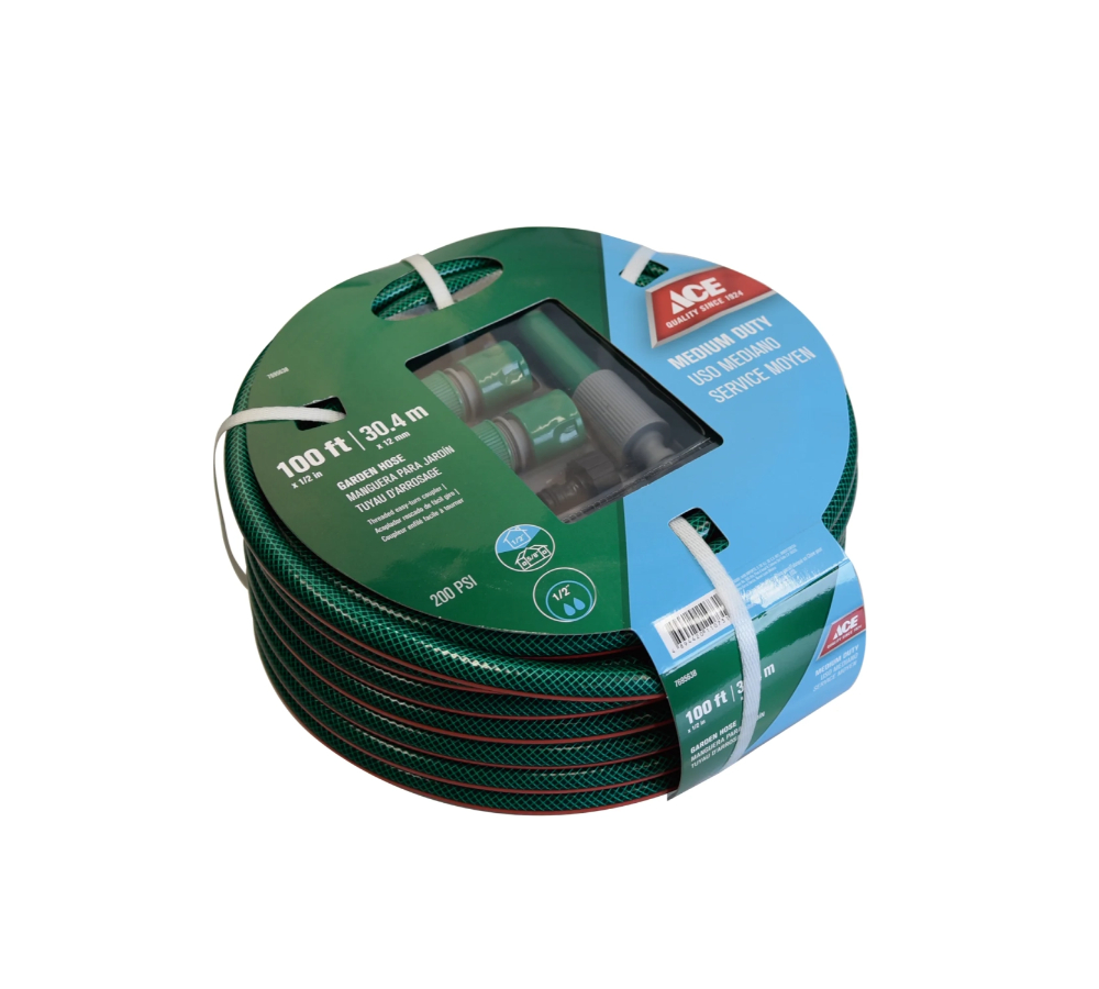 Ace Medium Duty Garden Hose, 1/2 inch x 30.48 m, 13.7 bar, 3 Layers, Includes 4-Pcs Quick Connect Set, Green Color TMD-12-7