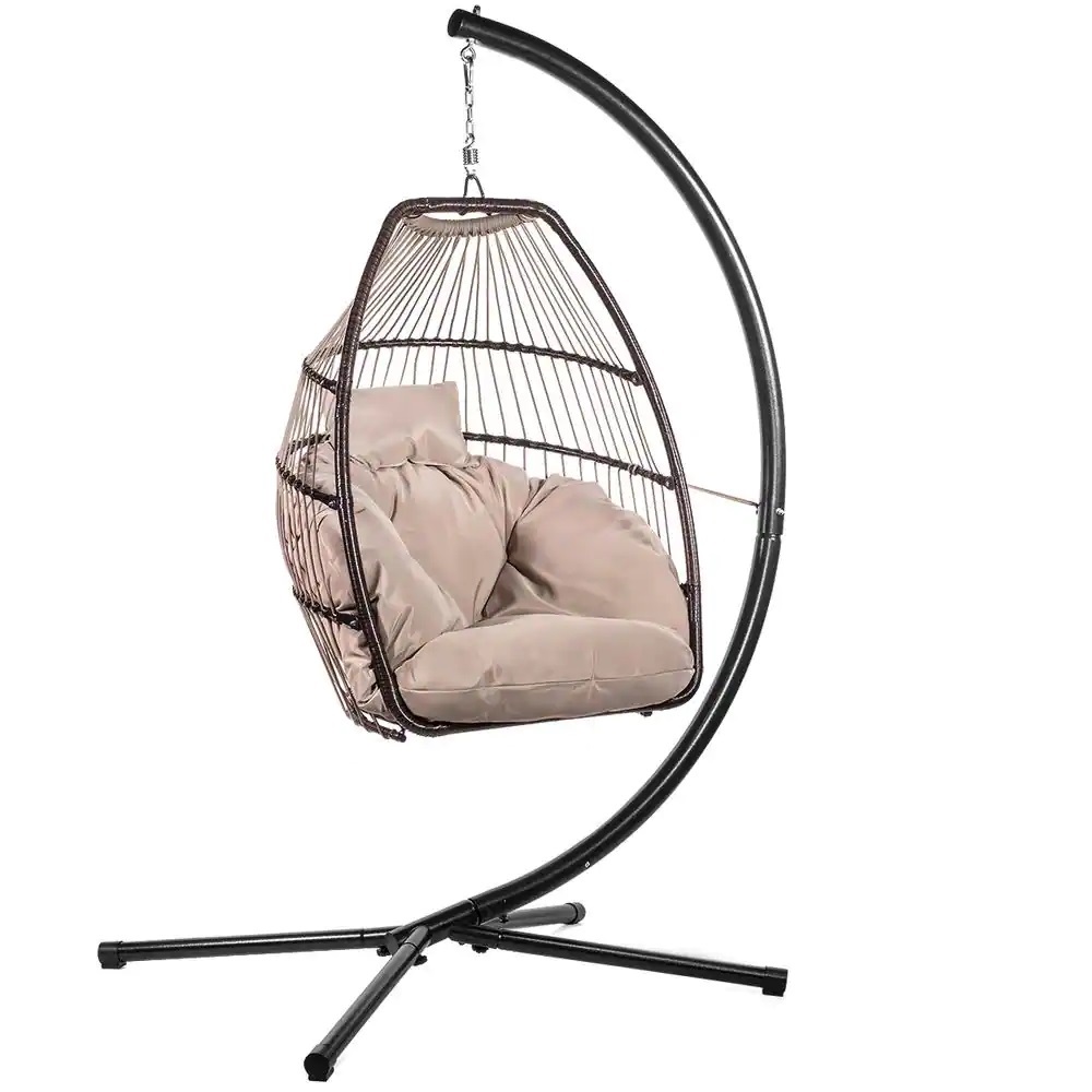 Barton Egg-Shaped Patio Swing Chair, Black Wicker, Brown Cushions 141-1