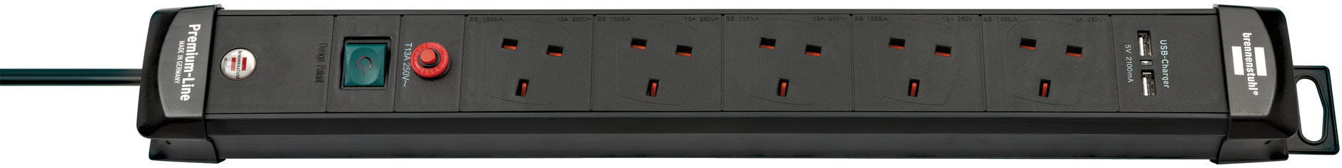 Brennenstuhl Premium-Line FB Extension Socket with Safety Fuse Button and USB-Charger 2100MA 5-way, 3Mtrs, Black 1951153600