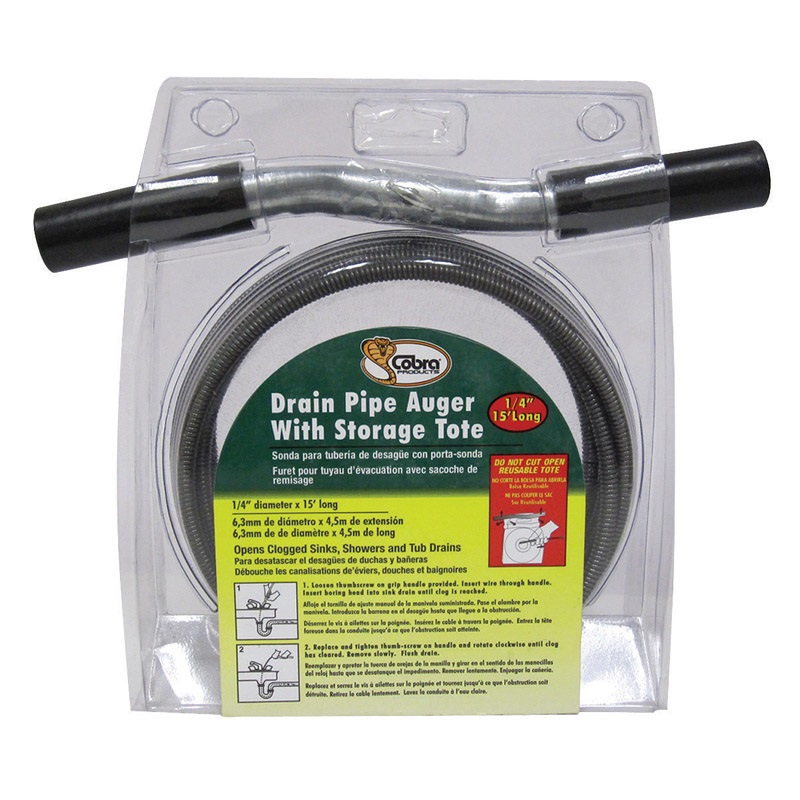 Cobra Drain Pipe Auger, 1/4 inch x 15', For Sinks, Showers and Tub Drains 10150