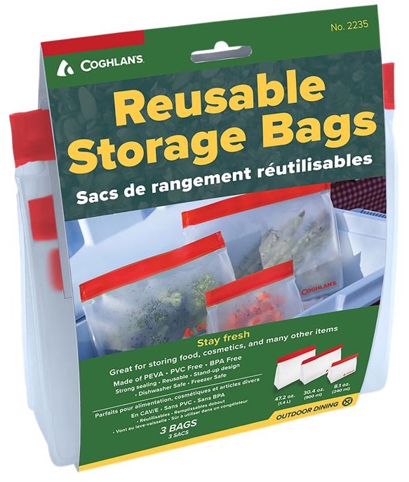 Coghlan's Coghlans Reusable Storage Bags, Pack of 3, Assorted Sizes (1.4 Ltrs, 900 ml & 240 ml) Made of PEVA, Freezer/Dishwasher Safe, Clear 2240
