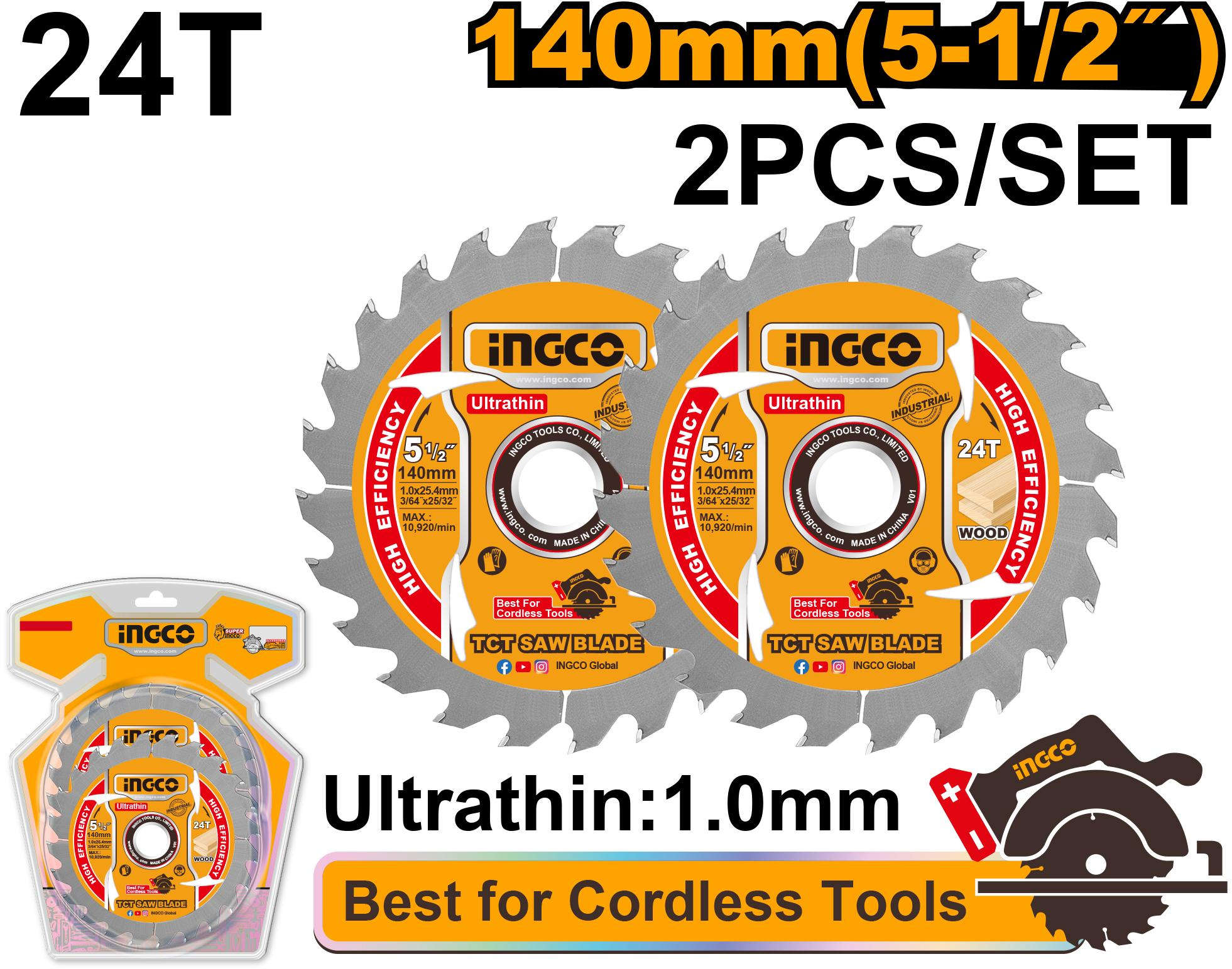 INGCO Ultra-thin 140mm TCT Saw Blade Set 2 Pcs 24 Teeth TSB1403