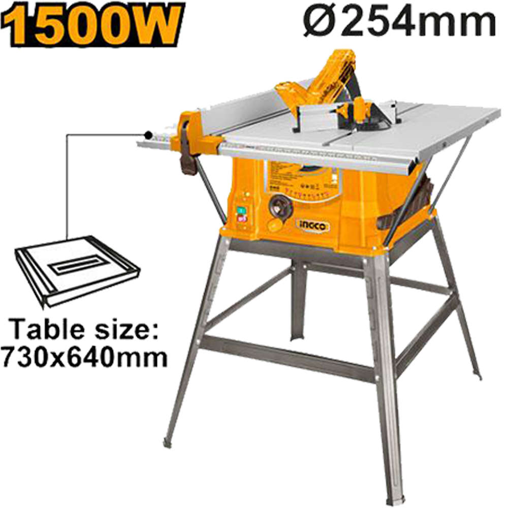 INGCO 1500W 254mm Portable Table Saw with Stand and 4500rpm No-Load Speed TS150078