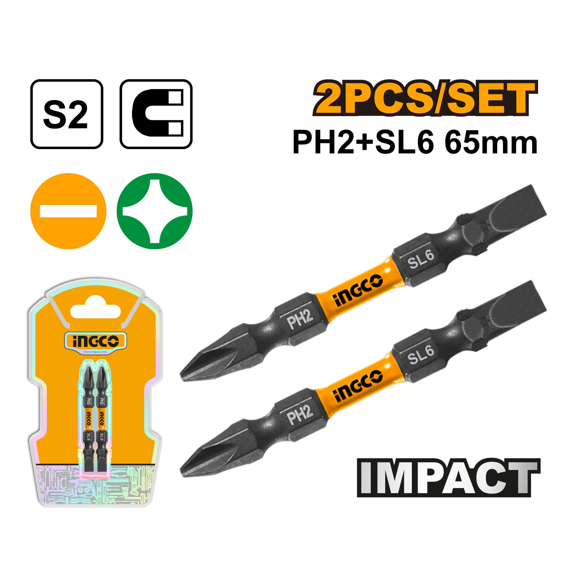 INGCO Ingco Impact Screwdriver Bits 65mm PH2+SL6 (2 pcs/set) SDBIM72HL665