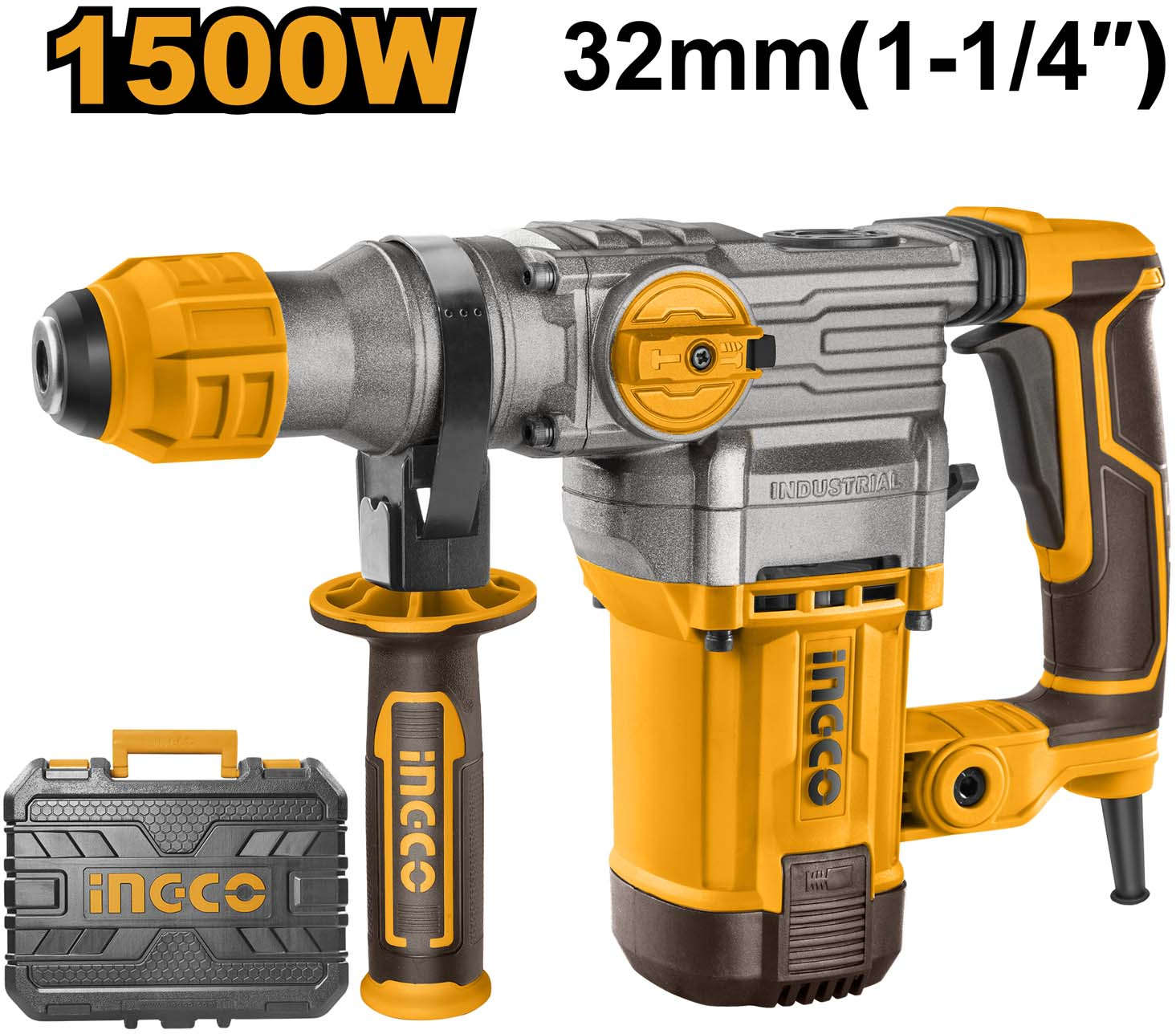 INGCO 1500W SDS Plus rotary hammer drill with 5.5J impact energy and 32mm concrete drilling capacity RH150038