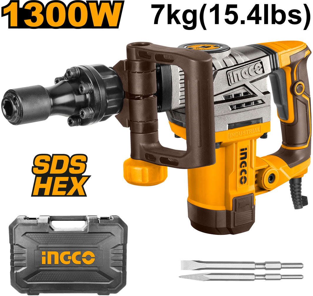 INGCO Industrial Demolition Breaker Hammer 1300W 20J With 2 Chisels PDB130018