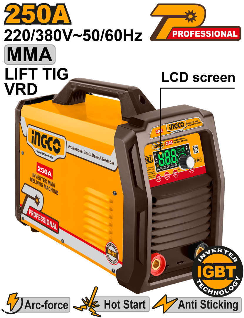 انجكو ماكنة لحام الكترونية MMA/TIG بتقنية العاكس أحادية الطور وثلاثية 250 أمبير مزودة بشاشة LCD ووظيفة VRD ING-MMA25079