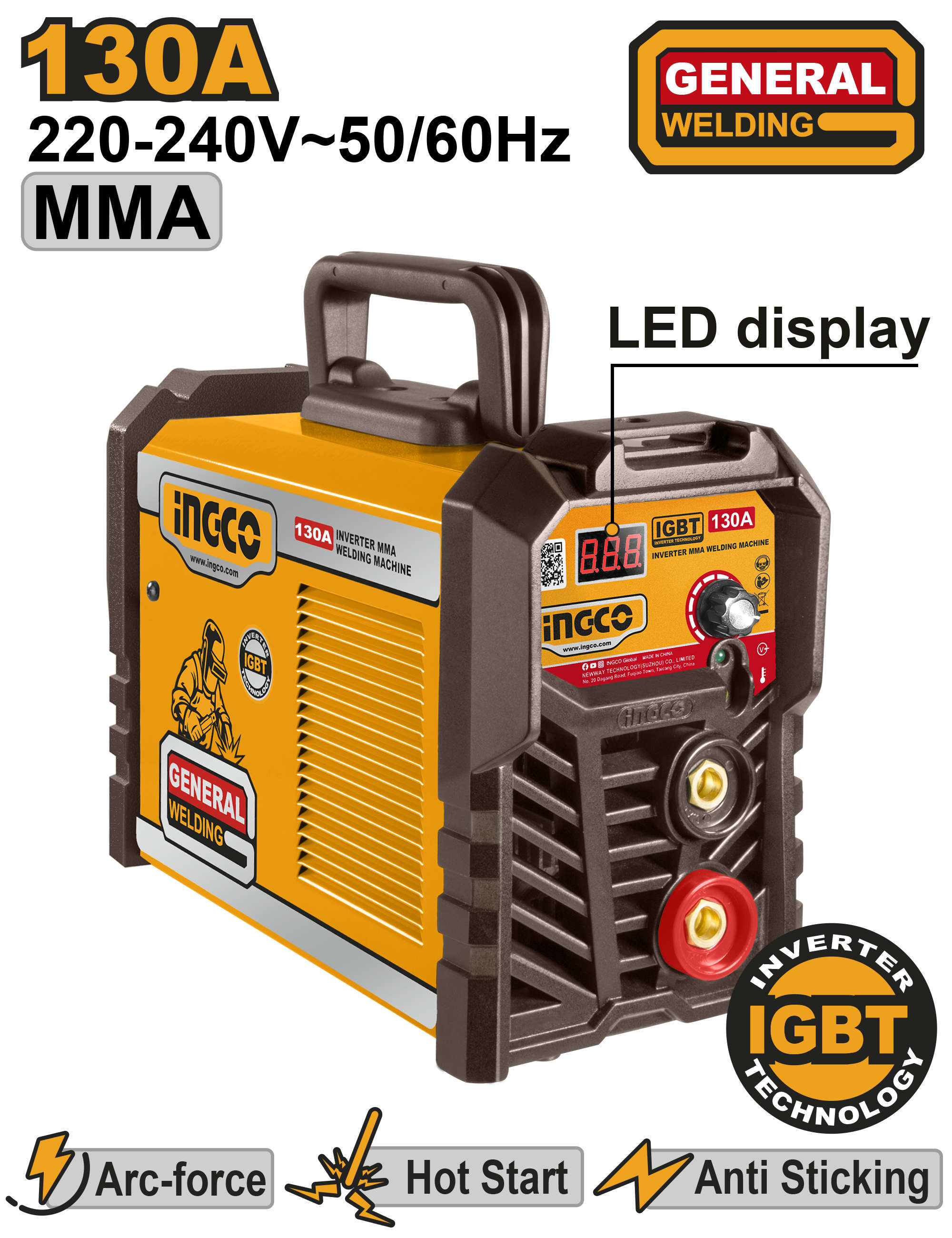 انجكو ماكنة لحام الكترونية MMA صغيرة أحادية الطور بقدرة 130 أمبير مزودة بتقنية IGBT وشاشة LED ING-MMA13028