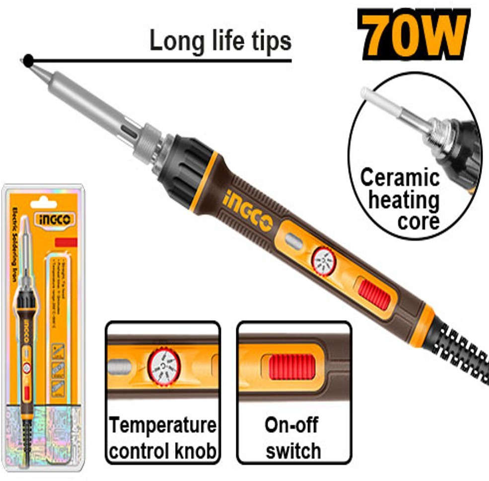 INGCO Electric soldering iron 70W adjustable temperature with ceramic heating element and straight tip head SI01606