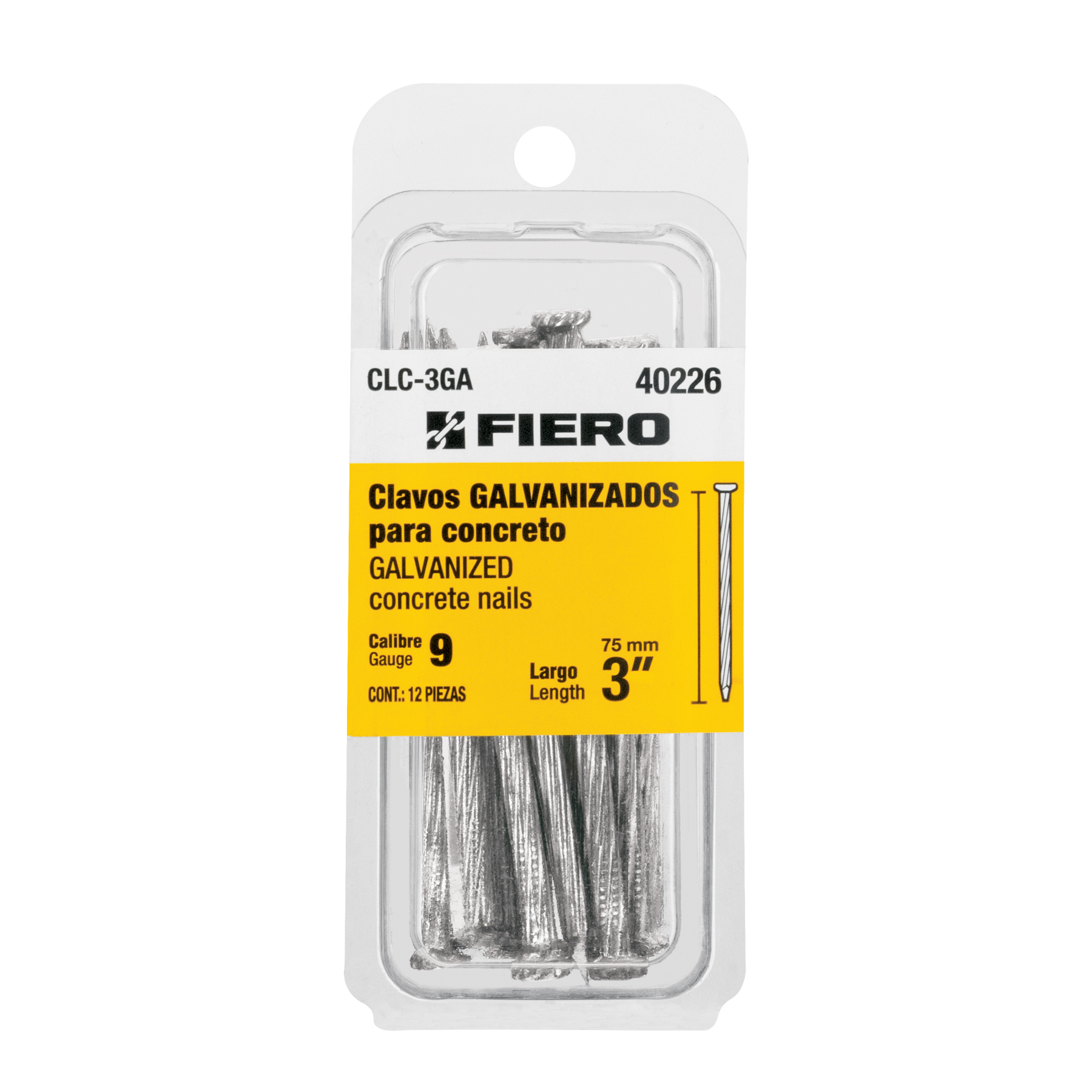 Fiero 3 inch Galvanized Concrete Nails, Pack of 12, 9 Gauge, Carbon Steel 40226