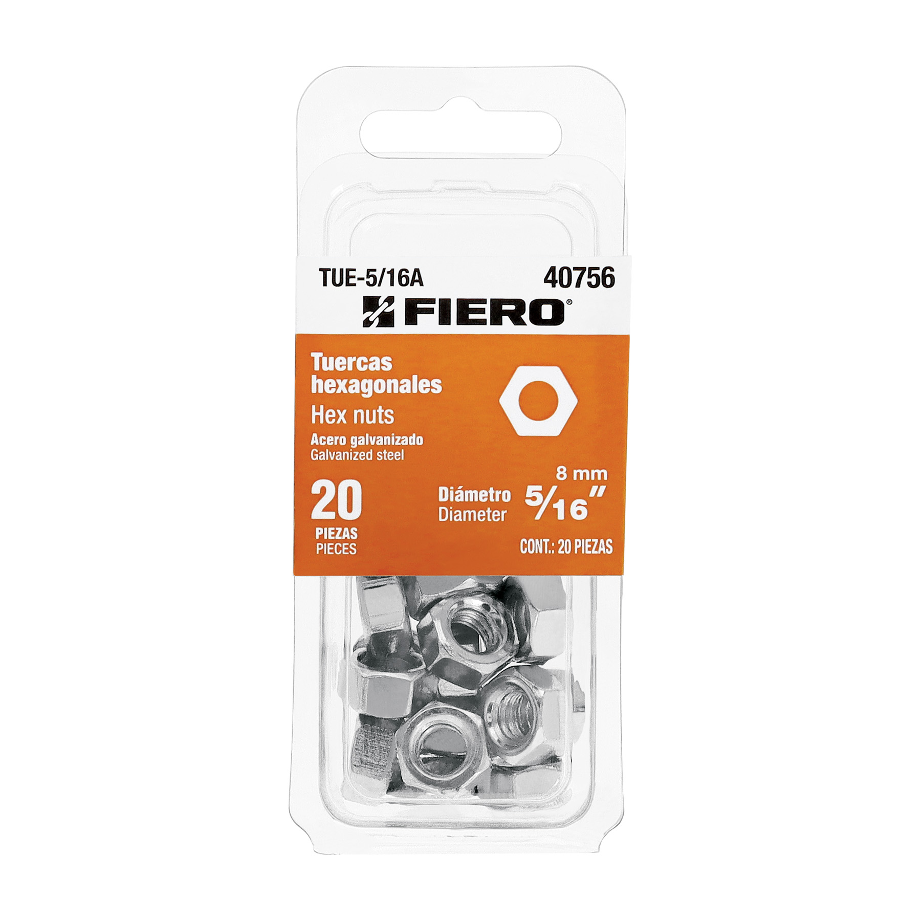 fiero Fiero Hex Nuts Pack 20 Galvanized Steel 40756 8 MM size: 8mm