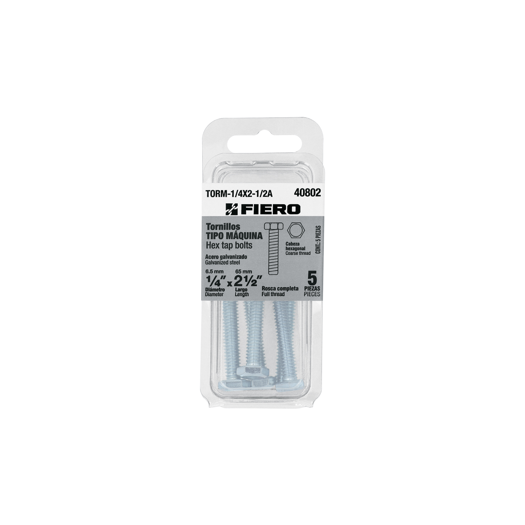fiero Fiero Hex Tap Bolts 1 2 Pack 5 Galvanized Steel Hexagonal Coarse Thread Head 40802 HEAD40802 1/4inch x 2.5inch size: 1/4inch x 2.5inch