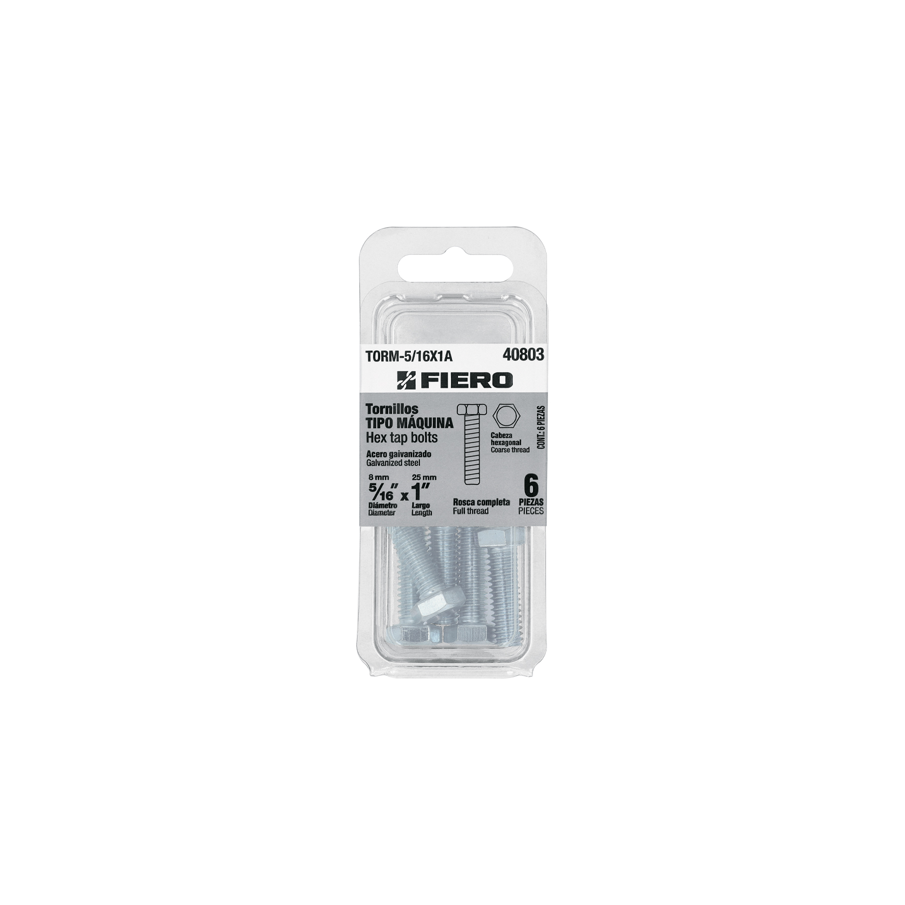 fiero Fiero Hex Tap Bolts Pack 6 Galvanized Steel Hexagonal Coarse Thread Head 40803 HEAD40803 8mm x 25mm size: 8mm x 25mm