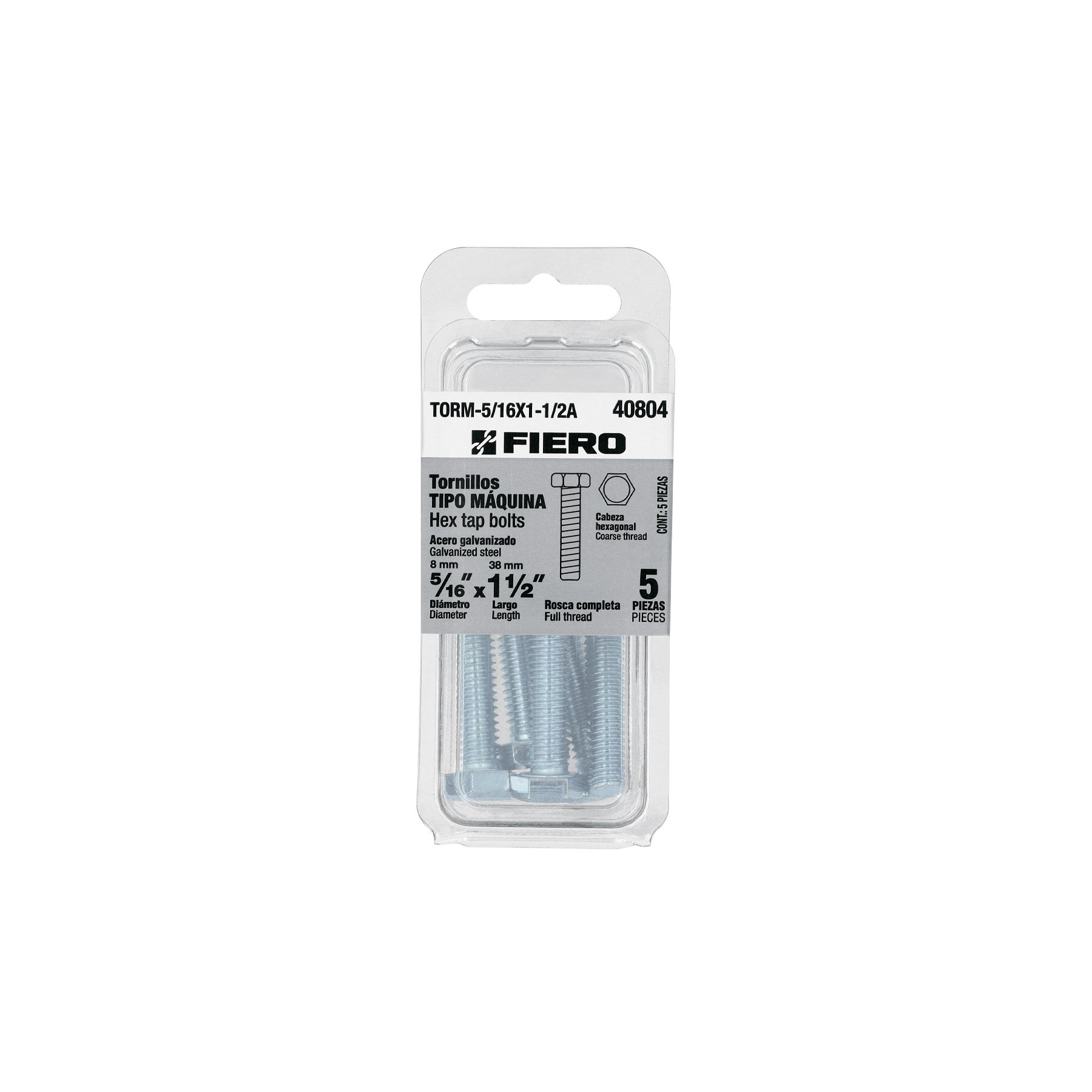 fiero Fiero Hex Tap Bolts Pack 5 Galvanized Steel Hexagonal Coarse Thread Head 40804 HEAD40804 8mm x 38mm size: 8mm x 38mm