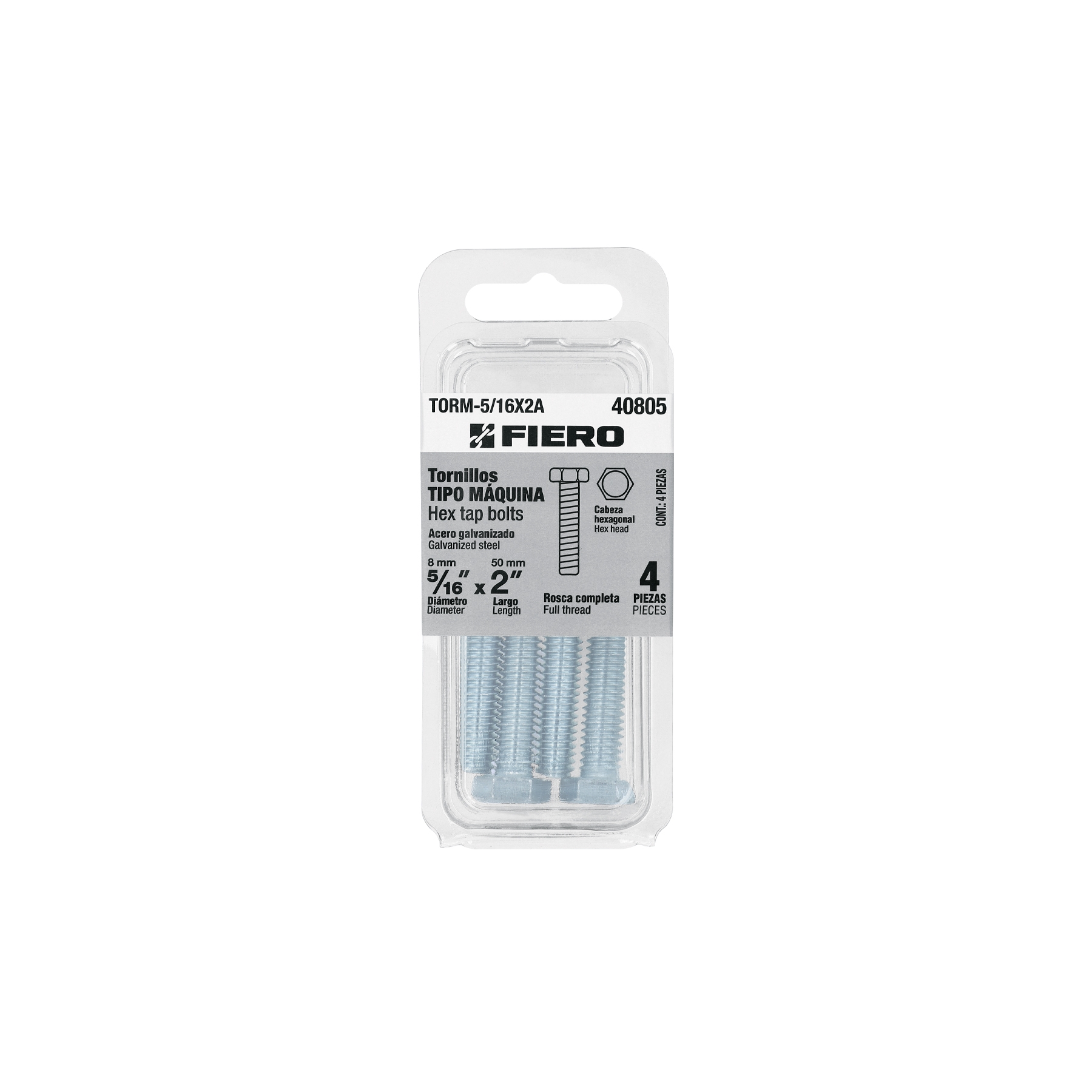 fiero Fiero Hex Tap Bolts Pack 4 Galvanized Steel Hexagonal Coarse Thread Head 40805 HEAD40805 8mm x 50mm size: 8mm x 50mm