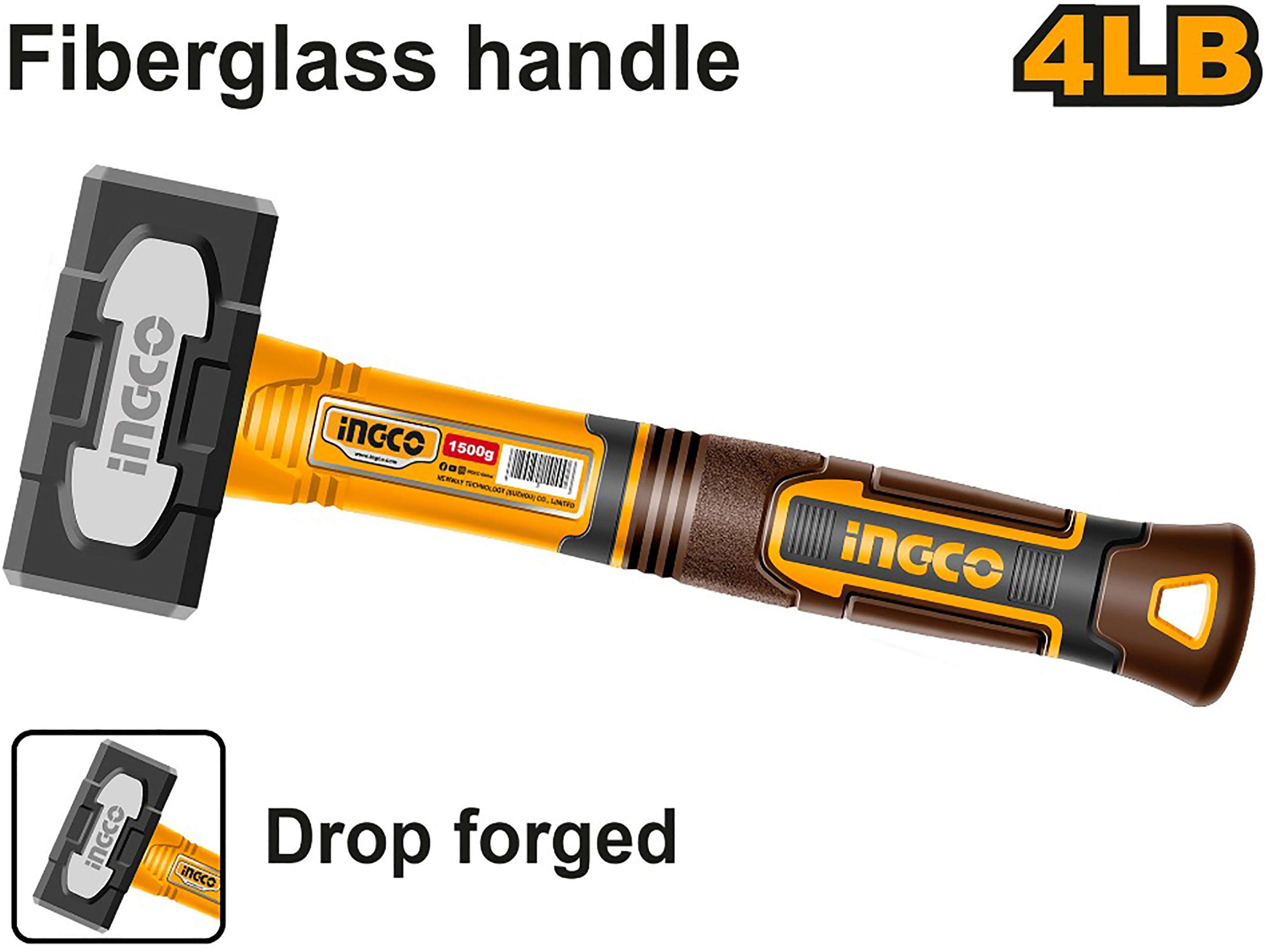 INGCO 1.81 kg sledge hammer with innovated drop-forged heat-treated carbon steel head and fiberglass handle HSLH8104