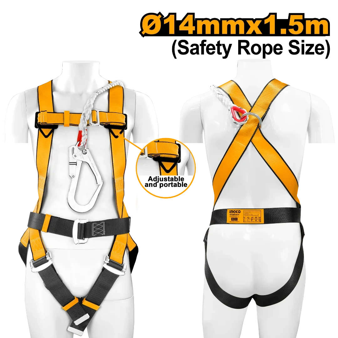 INGCO Full-body safety harness with 50mm webbing and 14mm x 1.5m polyester safety rope, with dorsal D-ring and adjustable straps HSH501415