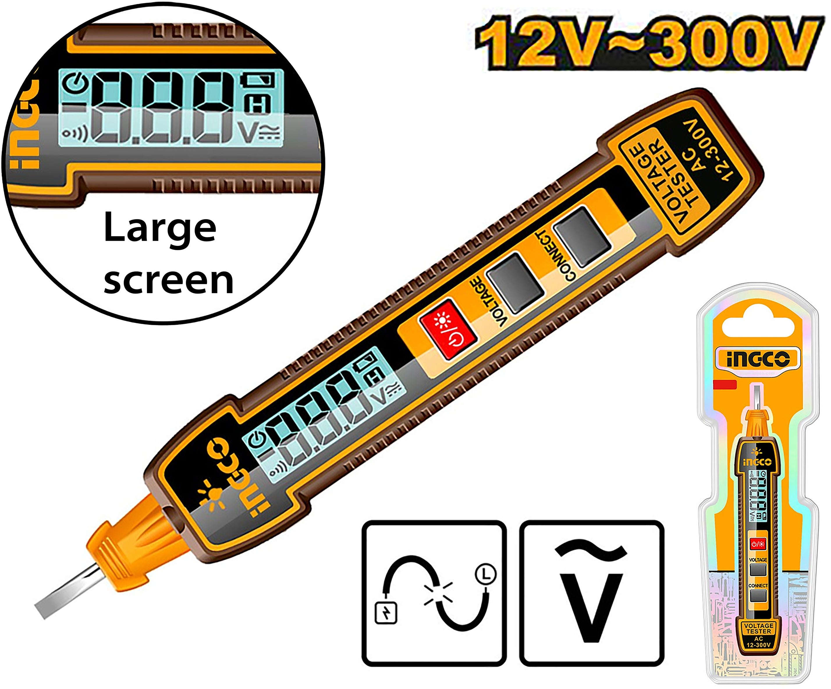 INGCO Digital Voltage Tester Test Pencil AC 12-300V with LCD Display, Sound and Light Alarm, Auto Power Off HSDT33001