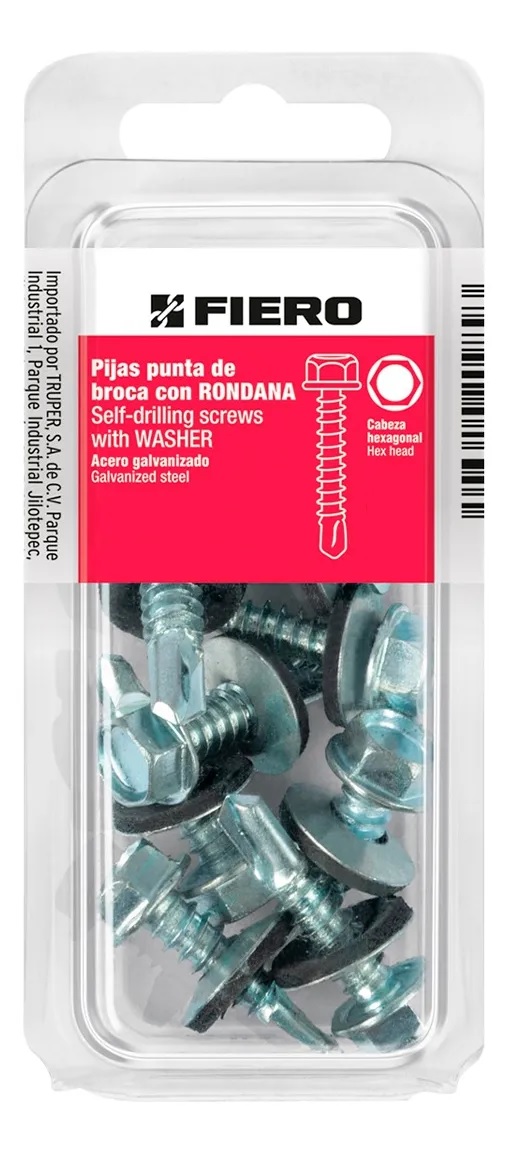 Fiero Self-Drilling Screws With Washers, #14 x 19 mm, Pack of 12, Galvanized Steel, Hexagonal Hex Head 40794