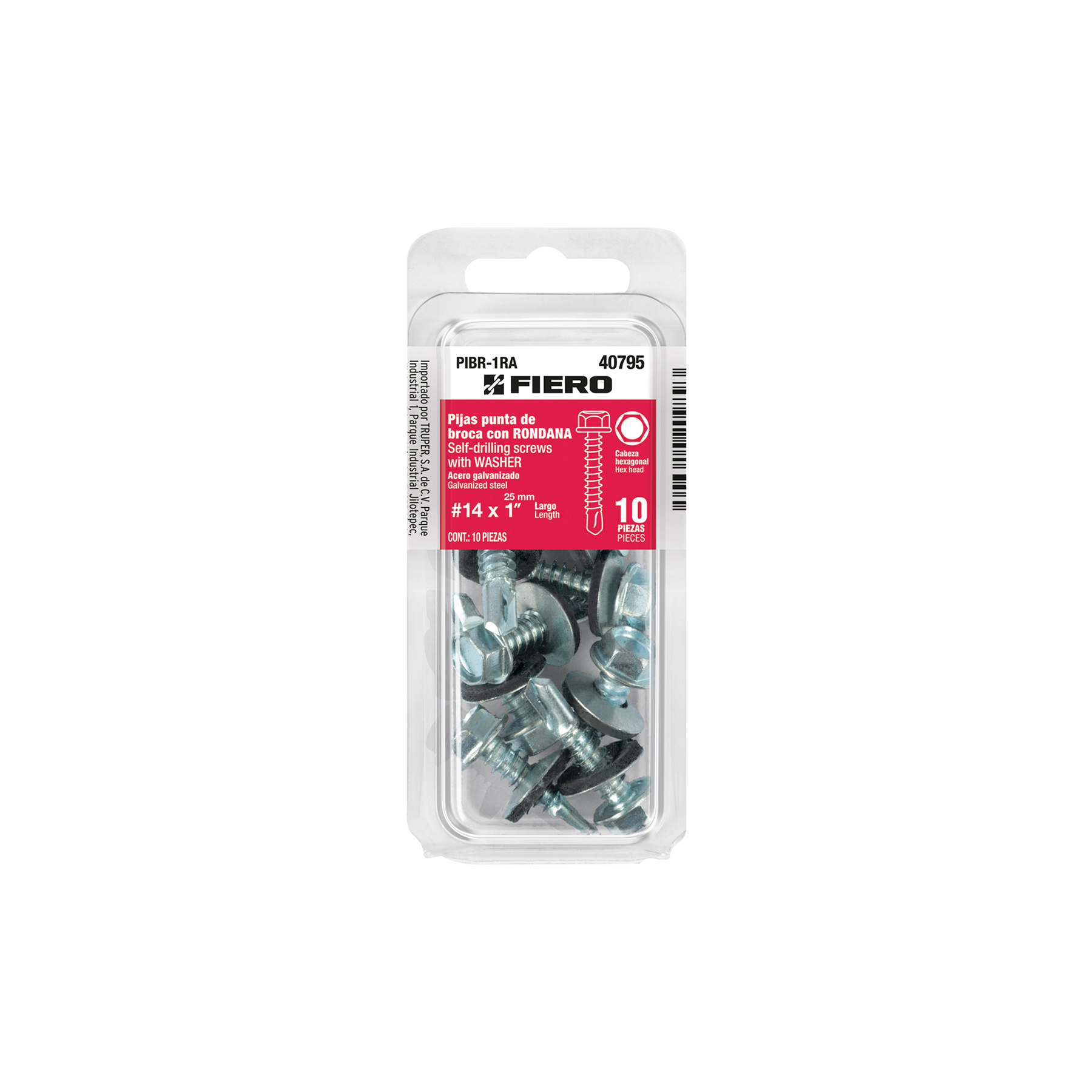 Fiero Self-Drilling Screws With Washers, #14 x 25 mm, Pack of 10, Galvanized Steel, Hexagonal Hex Head 40795