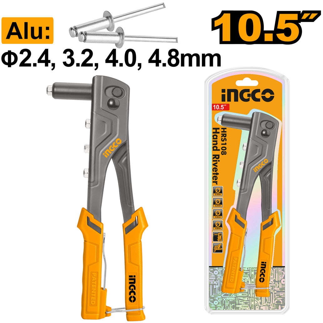 INGCO Hand riveter heavy-duty 10.5 inch with aluminum rivet sizes 2.4mm, 3.2mm, 4mm, 4.8mm HRS108
