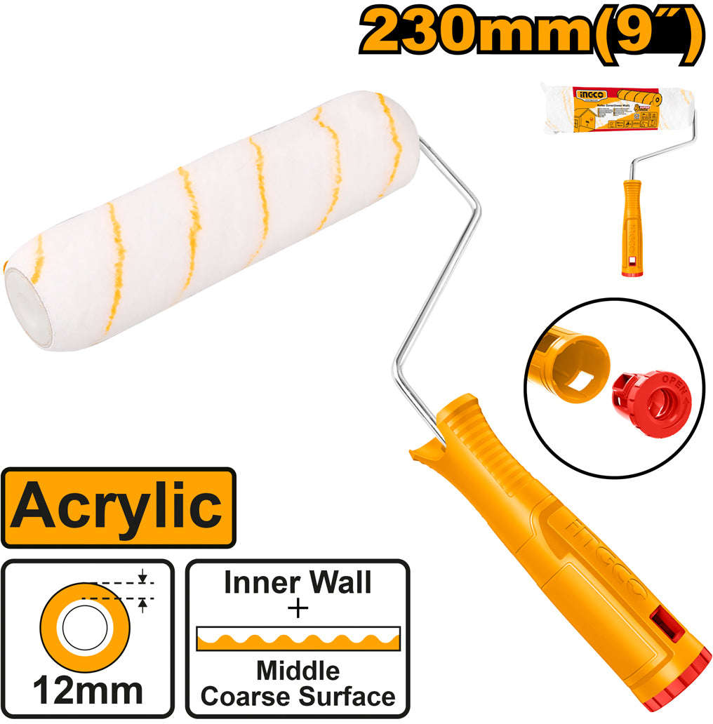 INGCO 9" Acrylic Cylinder Paint Roller Brush for Inner Walls with 12mm Fiber Height HRHT282302
