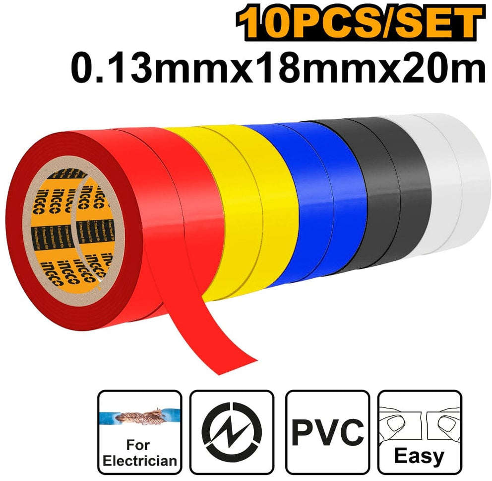 INGCO 10-piece set of 20m length, 18mm width, 0.13mm thick fire-resistant PVC insulating tape in assorted colors HPET1013