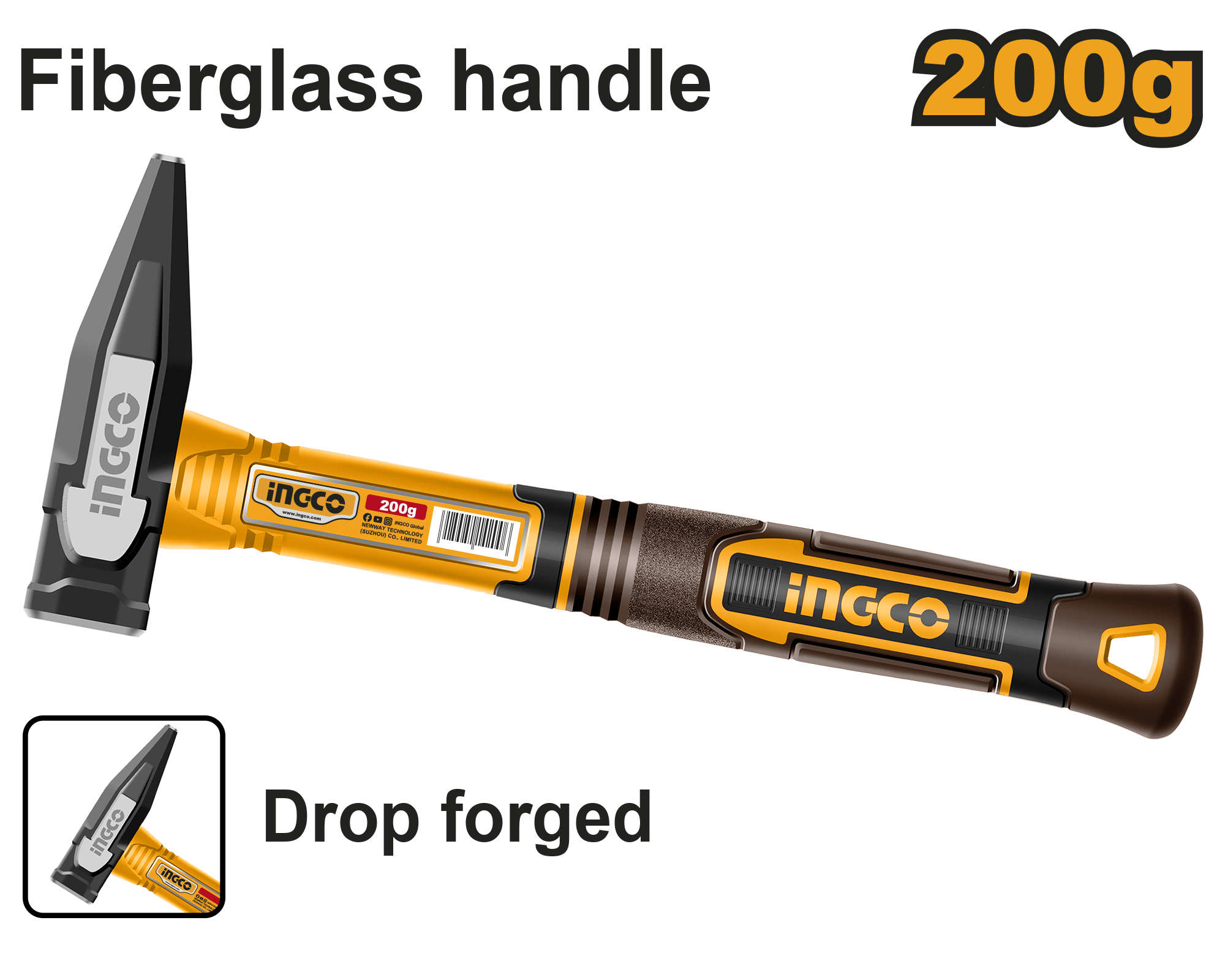 INGCO Machinist hammer with 200g drop-forged head and three-color fiberglass handle HMH82200
