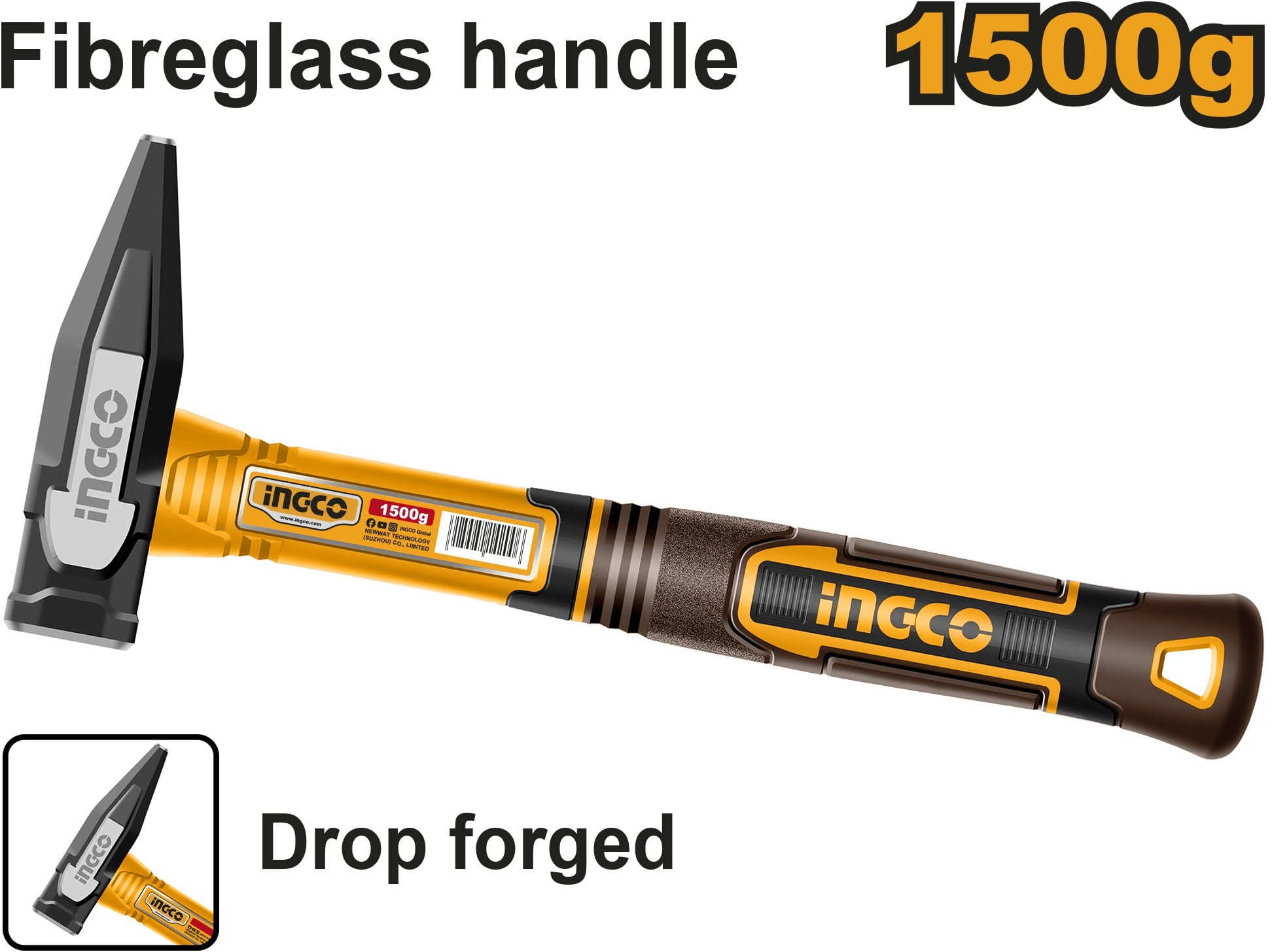 INGCO Machinist hammer 1500g with drop-forged carbon steel head and fiberglass handle HMH821500