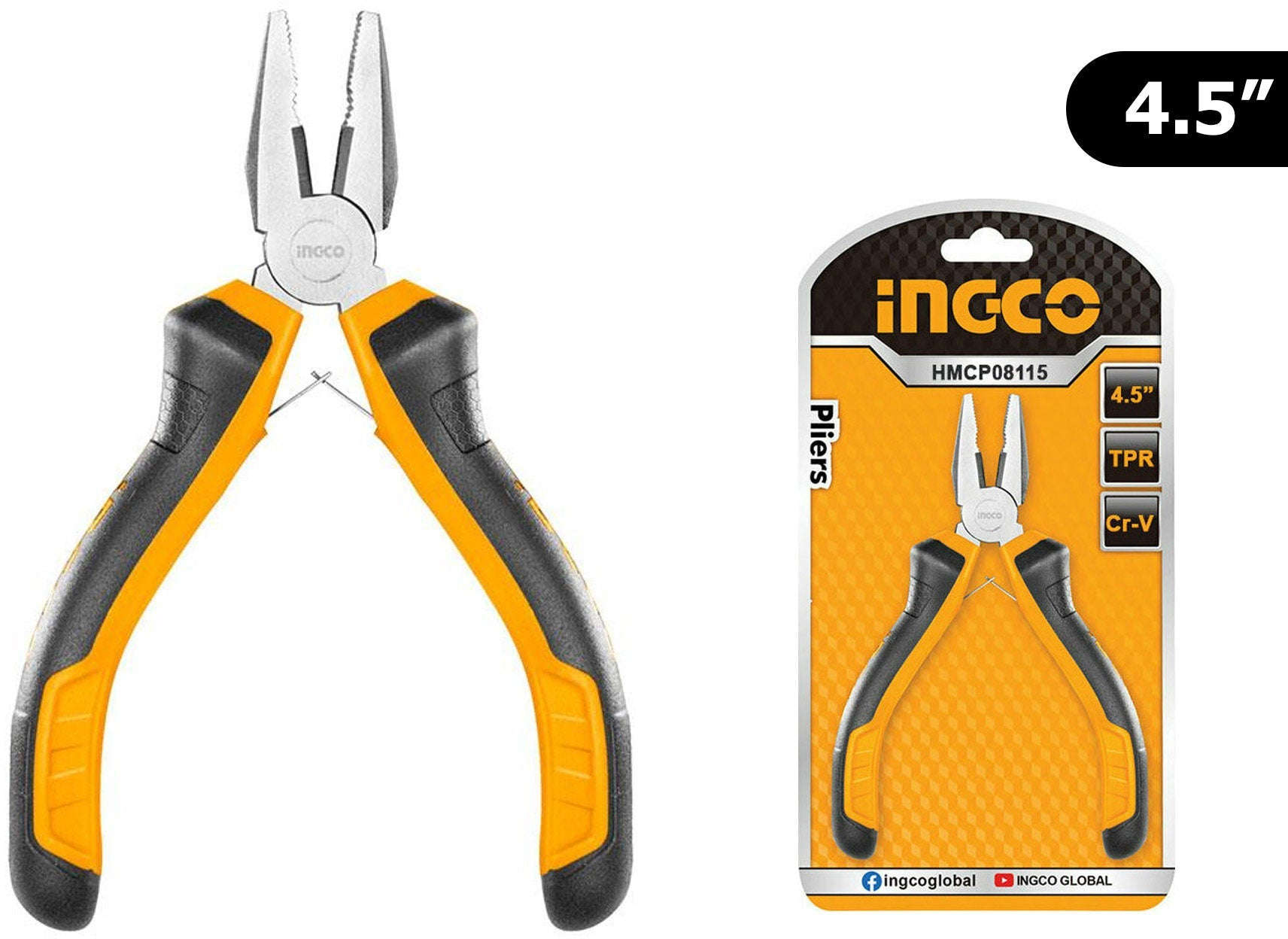 INGCO Mini combination pliers 4.5" (115mm) with ergonomic TPR handle and black finish HMCP08115