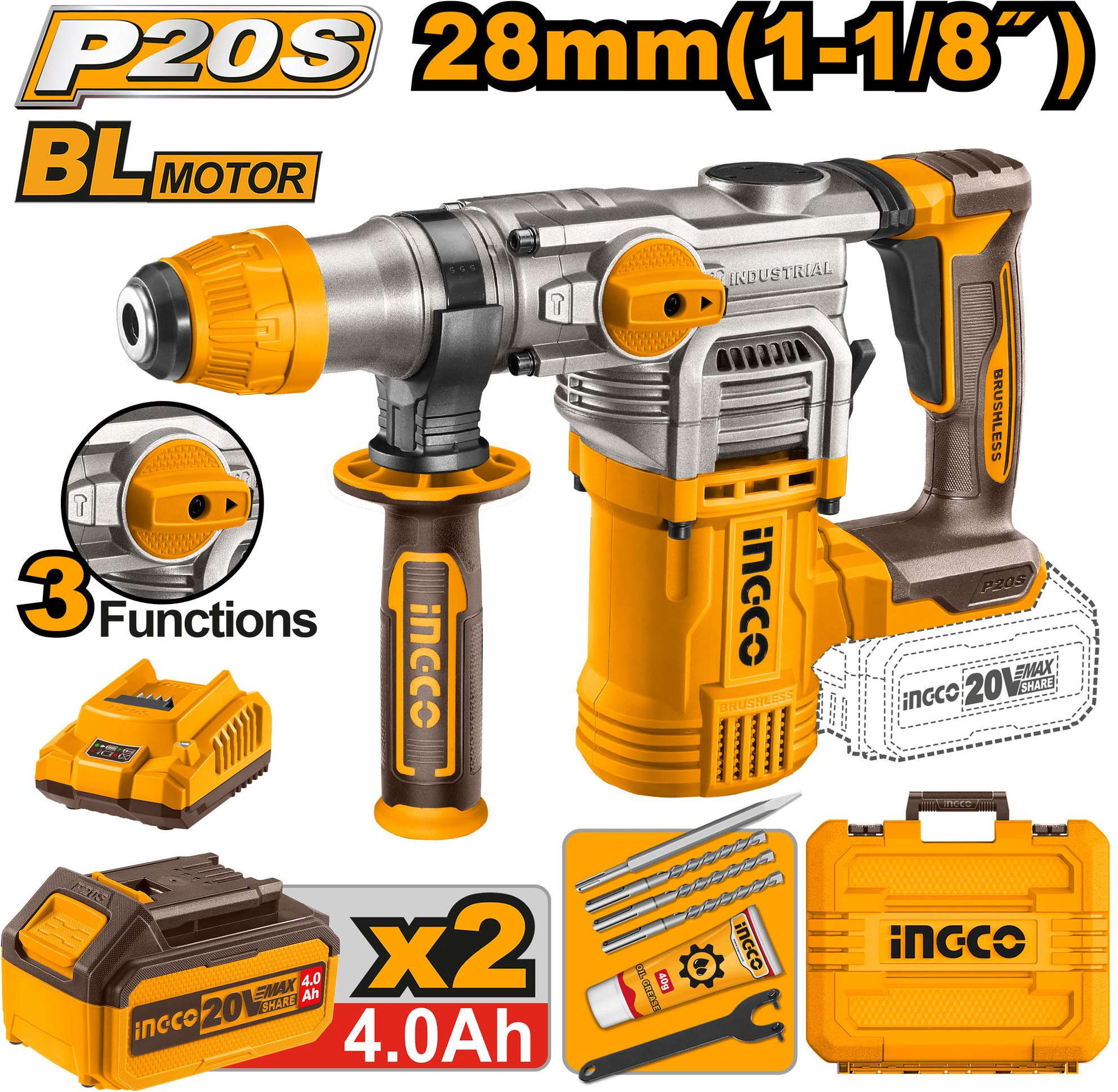 INGCO 20V brushless cordless rotary hammer with 28mm concrete drilling capacity , with 2 batteries and a charger CRHLI202882