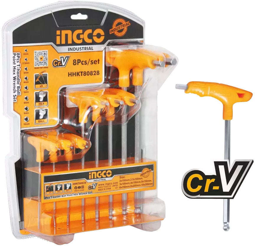 INGCO 8-piece T-handle ball point hex wrench set with long shanks, sizes 2-10 mm HHKT80828
