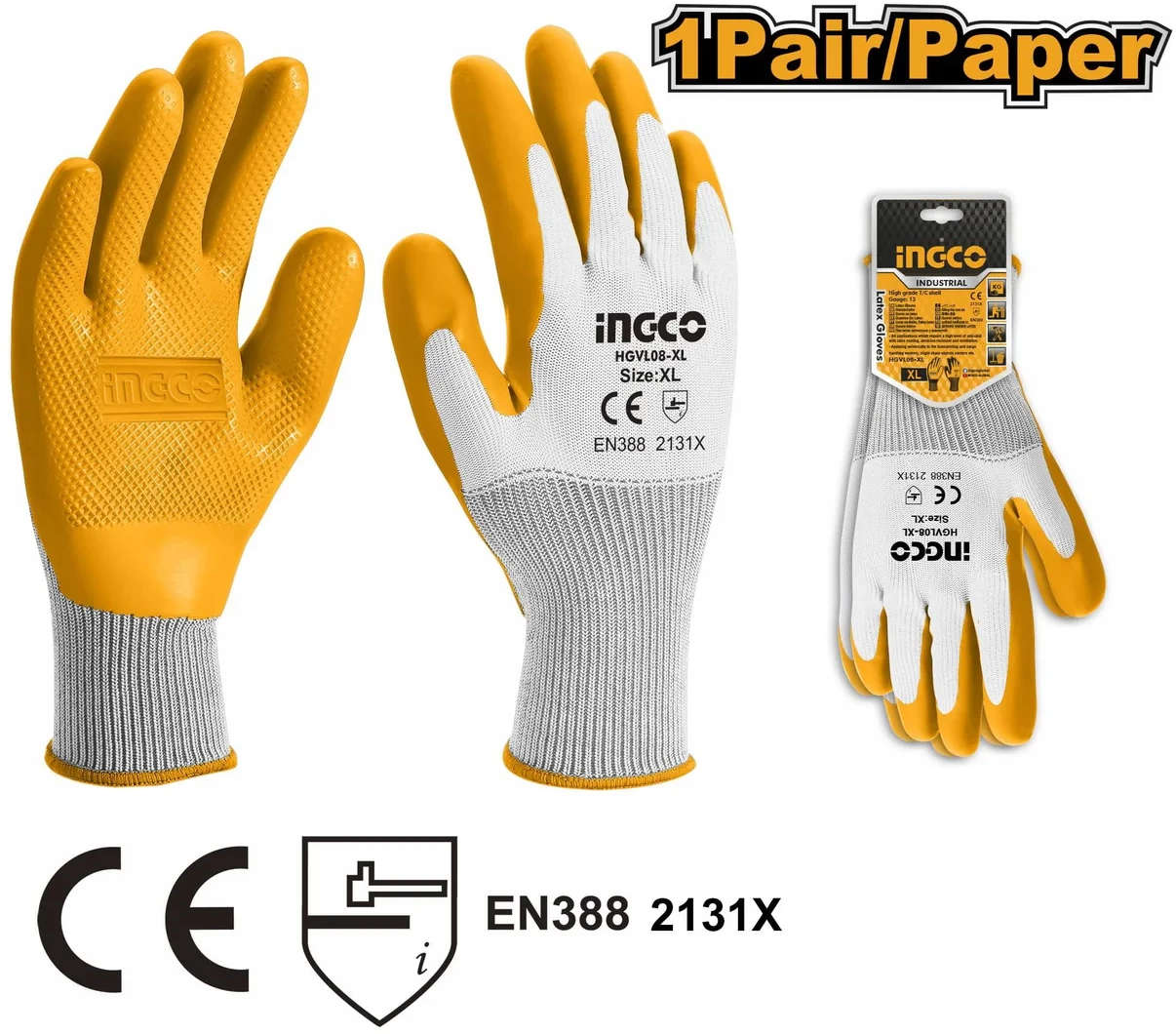 INGCO Latex industrial work gloves with 13-gauge polyester liner, textured palm grip, XL size HGVL06