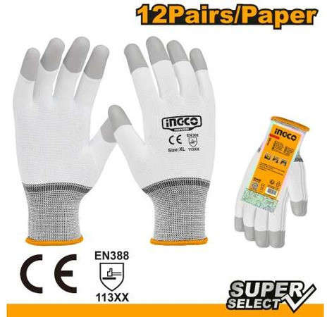 INGCO PU-coated precision work gloves with fingertip immersion, size XL, for light-duty and precision assembly tasks HGPUG02