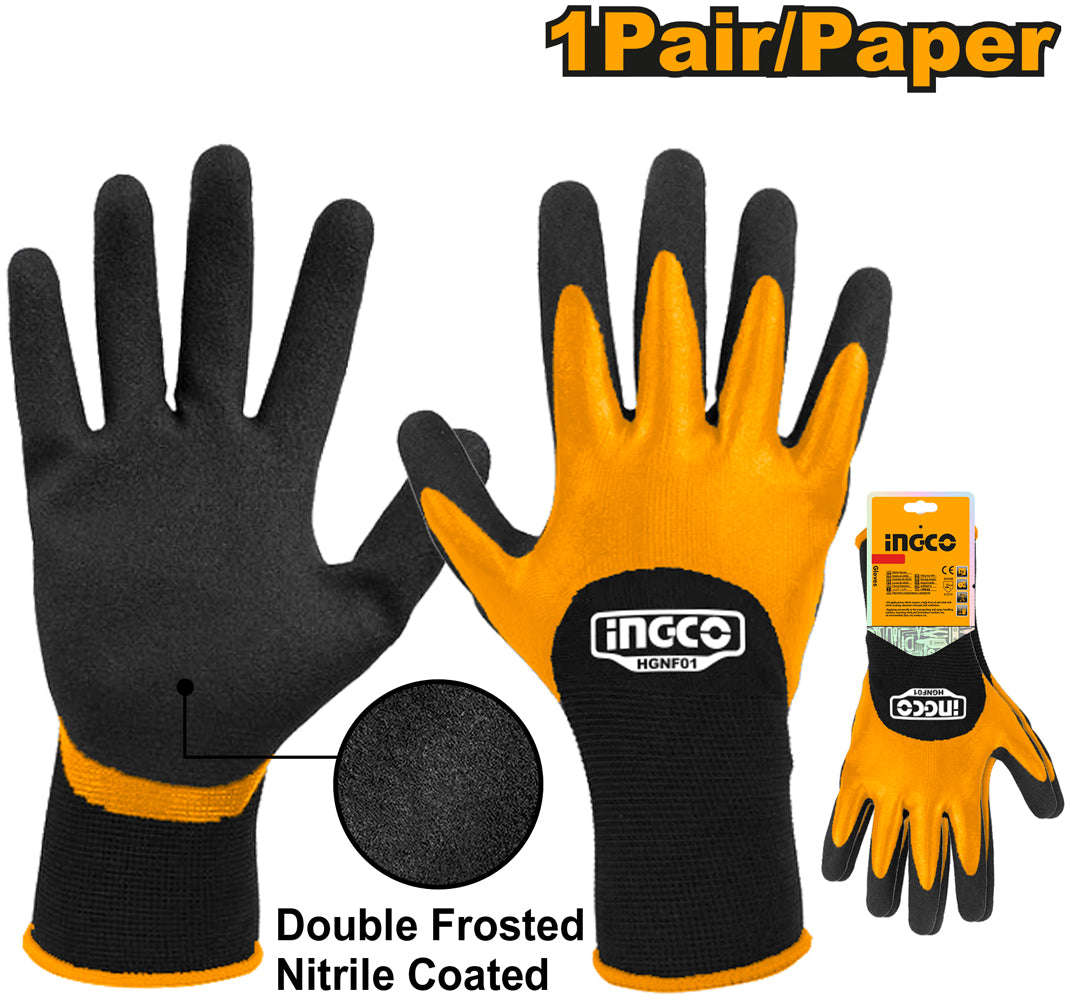 INGCO XL nitrile frosted coated safety gloves for severe oily environments with double nitrile coating and polyester liner HGNF01